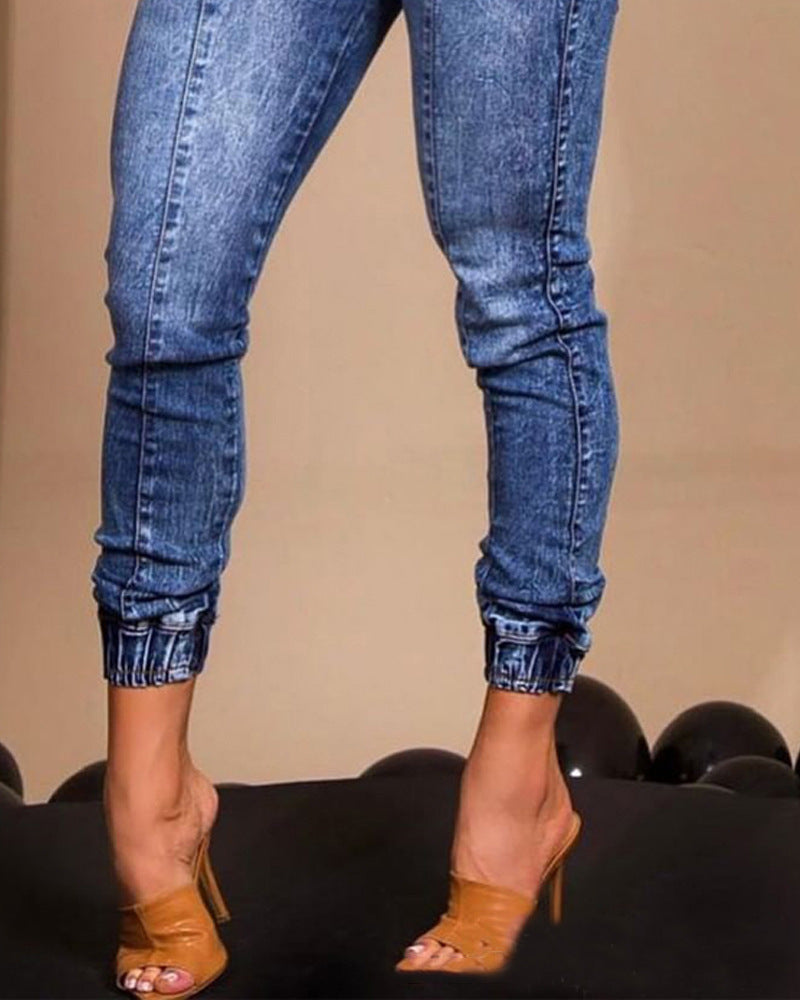 Women's Slim Fit Jeans with Elastic Waist and Lace Up Design