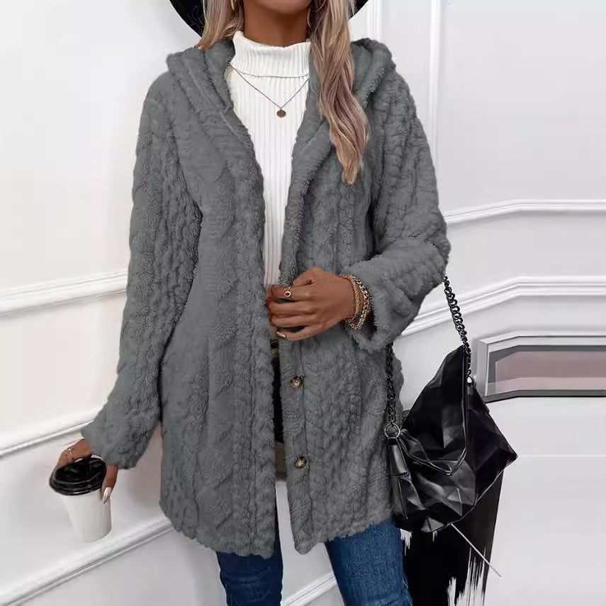 Hooded Button Cardigan Long Sleeve Solid Colour Coat