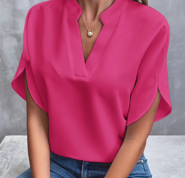 Summer New V-neck Casual Shirt for Women – Pure Color Short-Sleeved Versatile Top