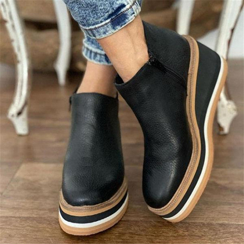 Wedge Ankle Boots - Thin Short Side Zipper Mid Heel Leather Surface