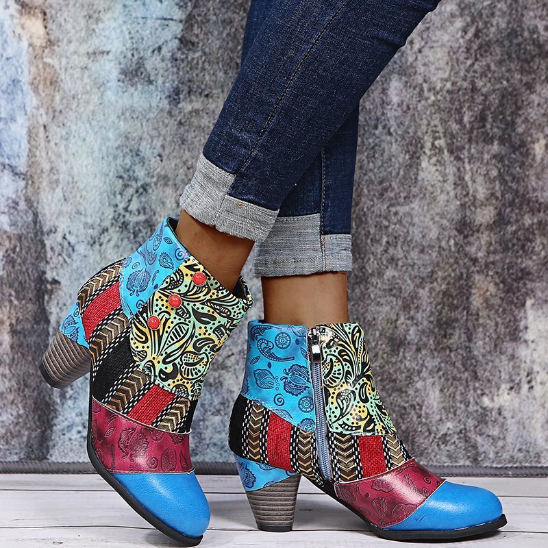 Print Ankle Boots for Women - Chunky Mid Heel Side Zipper Shoes