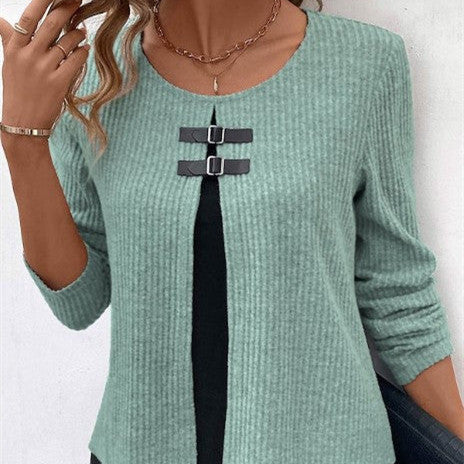 Sunken Stripe Leather Knitted Two-Piece Top with Long Sleeve Design