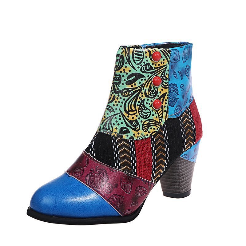 Print Ankle Boots for Women - Chunky Mid Heel Side Zipper Shoes