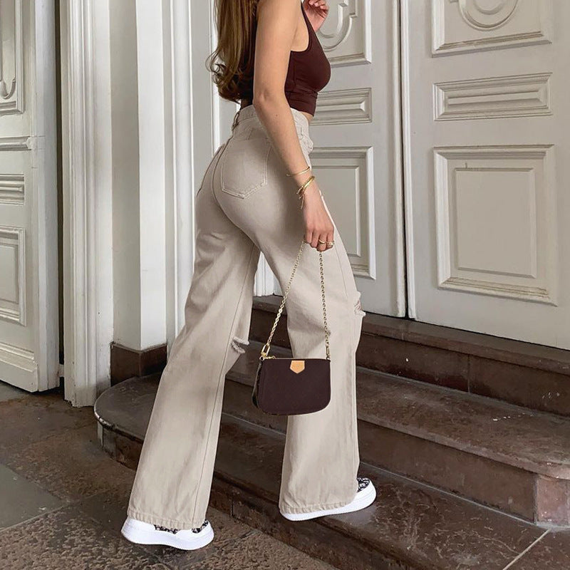 Casual Wide-leg Ripped Denim Pants High-waist Trousers