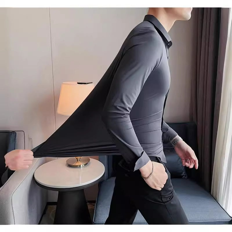 Seamless Elastic Vertical Men's Long Sleeve Elastic Shirt - Solid Color