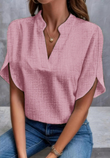 Summer New V-neck Casual Shirt for Women – Pure Color Short-Sleeved Versatile Top