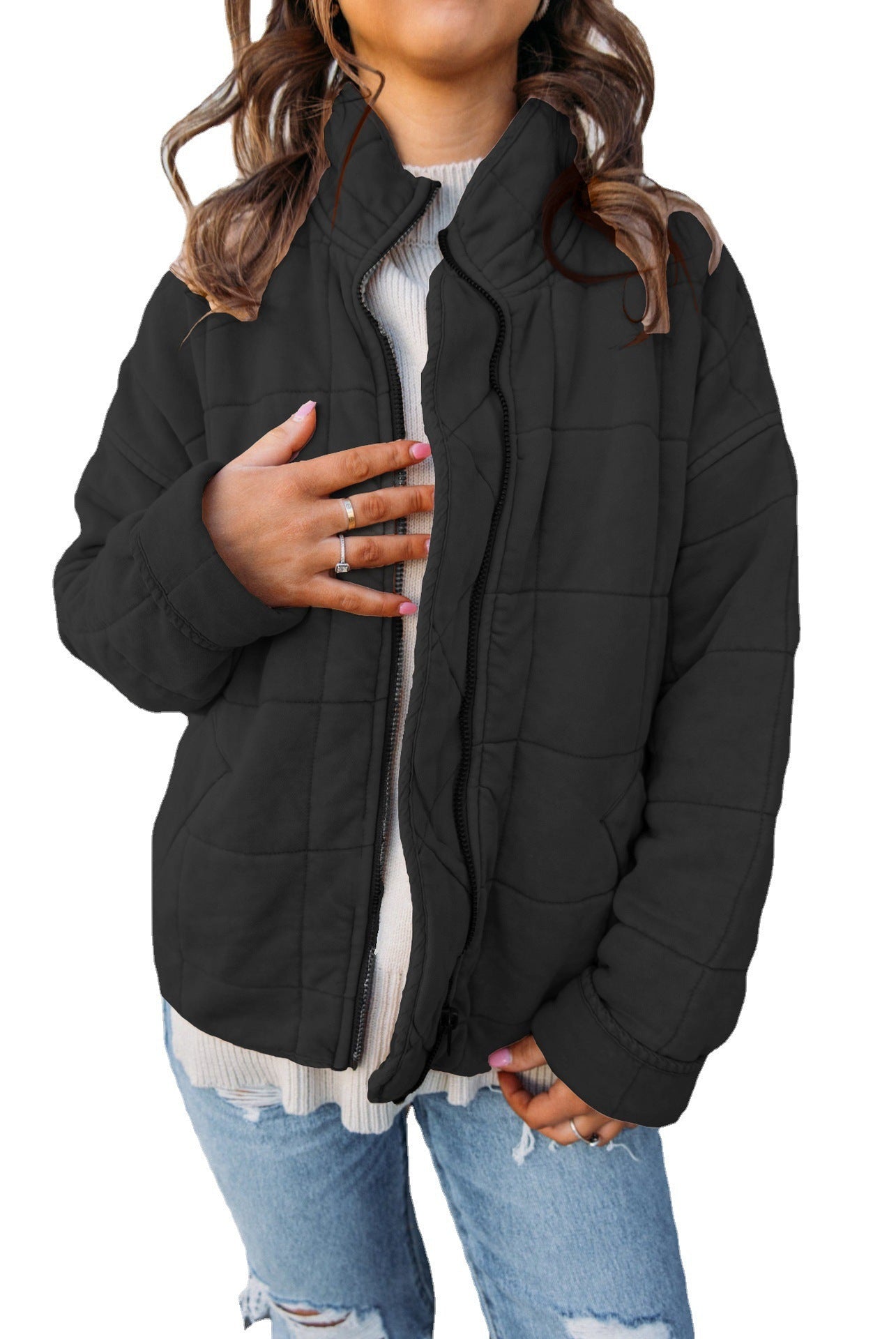 Stand Collar Cotton Jacket - Loose Long Sleeve Coat