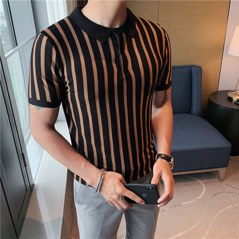 Men's Striped Polo Shirt - Fashionable Wide Striped Short-Sleeved Shirt