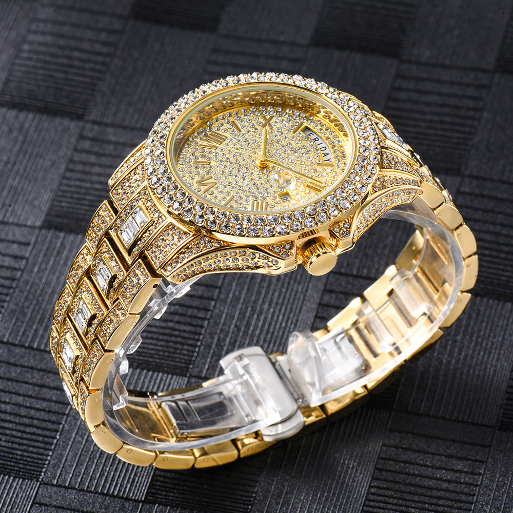 High-end Double Calendar Watch - Outside The Watch Fashionable Business Full Diamond Quartz