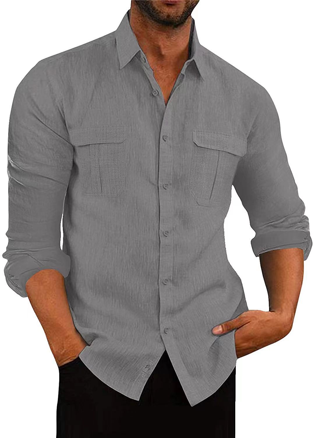 Men's Cotton Linen Shirt with Double Pockets for Casual Wear