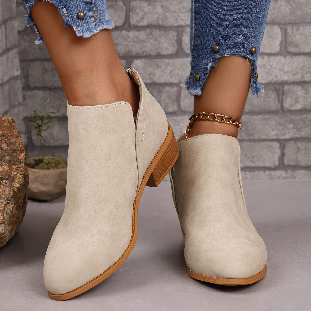 Chunky Heel Ankle Boots with V-Cut Design for Women - Fashionable Fall Winter Short Boots