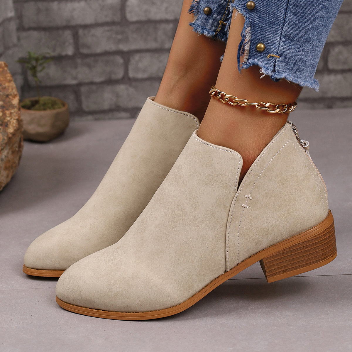 Chunky Heel Ankle Boots with V-Cut Design for Women - Fashionable Fall Winter Short Boots