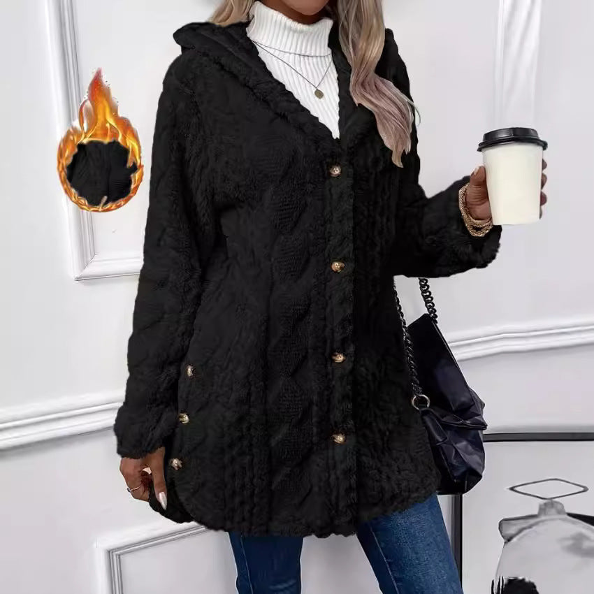 Hooded Button Cardigan Long Sleeve Solid Colour Coat