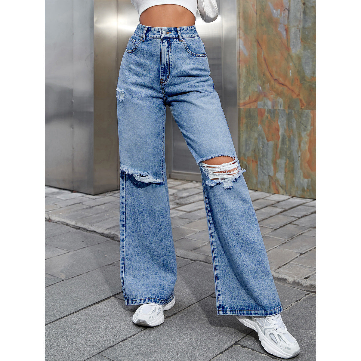 Women's Fashion High Waist Denim Trousers with Holes