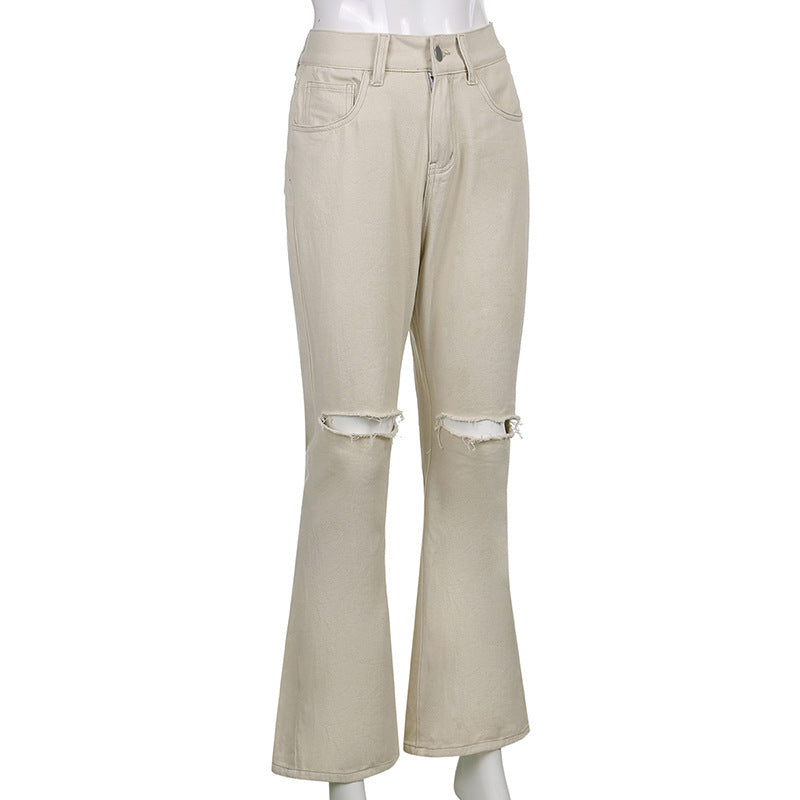 Casual Wide-leg Ripped Denim Pants High-waist Trousers