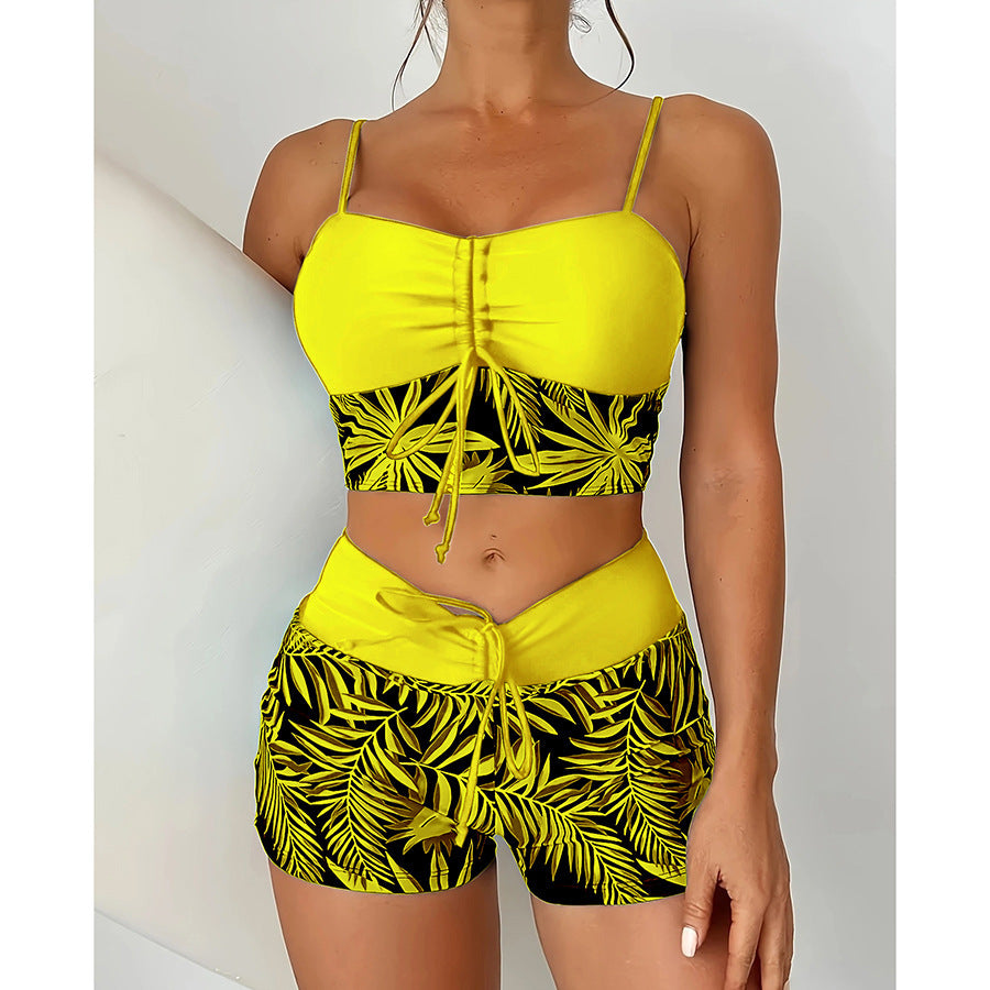 Women's Lace Printing Swimsuit with Split High Waist Boxer Design