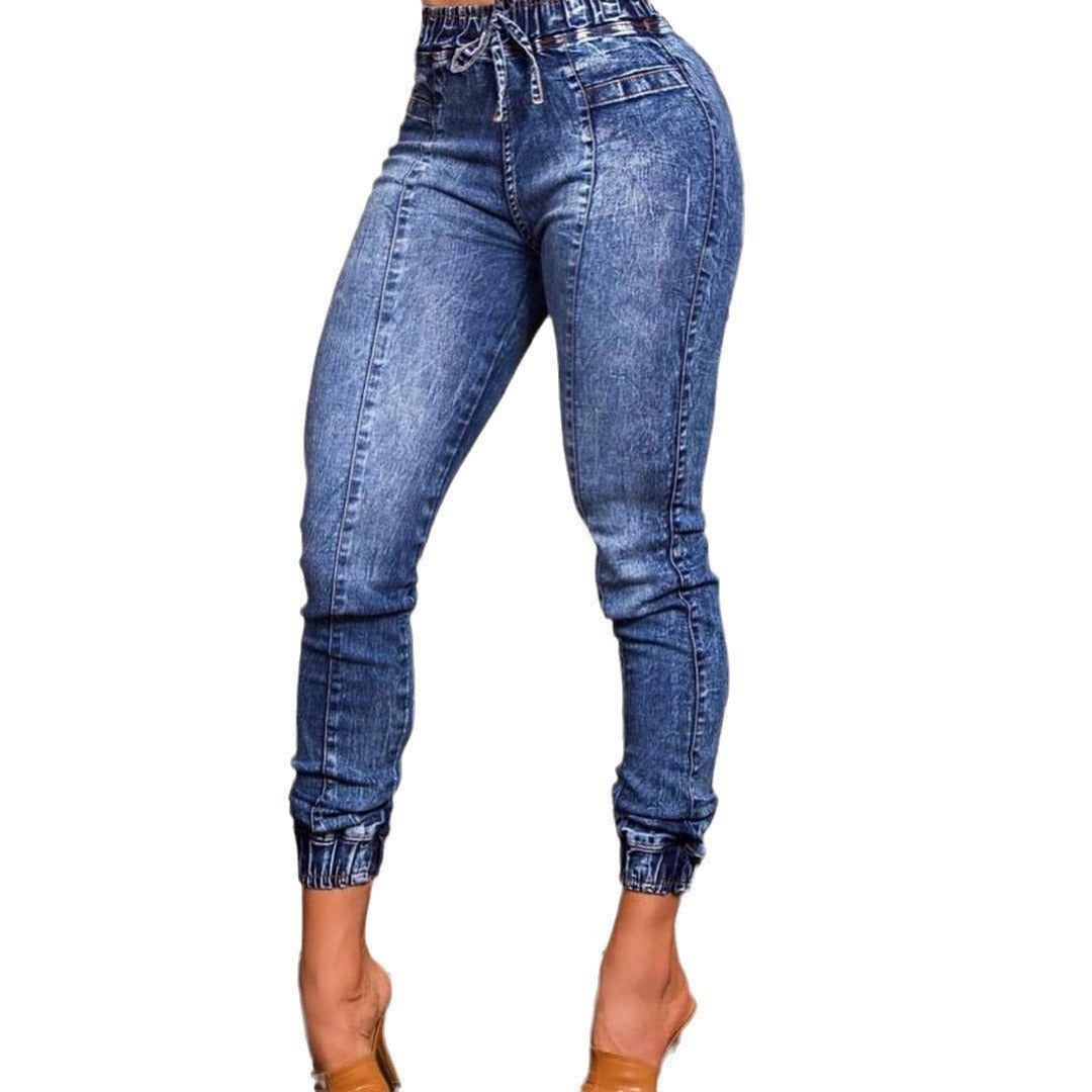 Women's Slim Fit Jeans with Elastic Waist and Lace Up Design