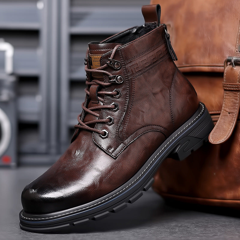 Vintage Leather Boots - Fleece-Lined Outdoor Men's Footwear for Warmth