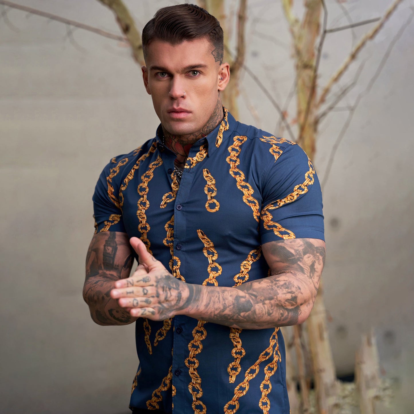 Men's Summer Slim Fit Shirt - Fashion Stretch 3D Printing Lapel Short Sleeves