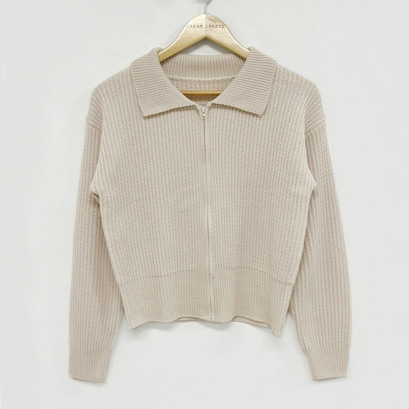 Lapel Zipper Sweater Coat for Casual Versatile Style
