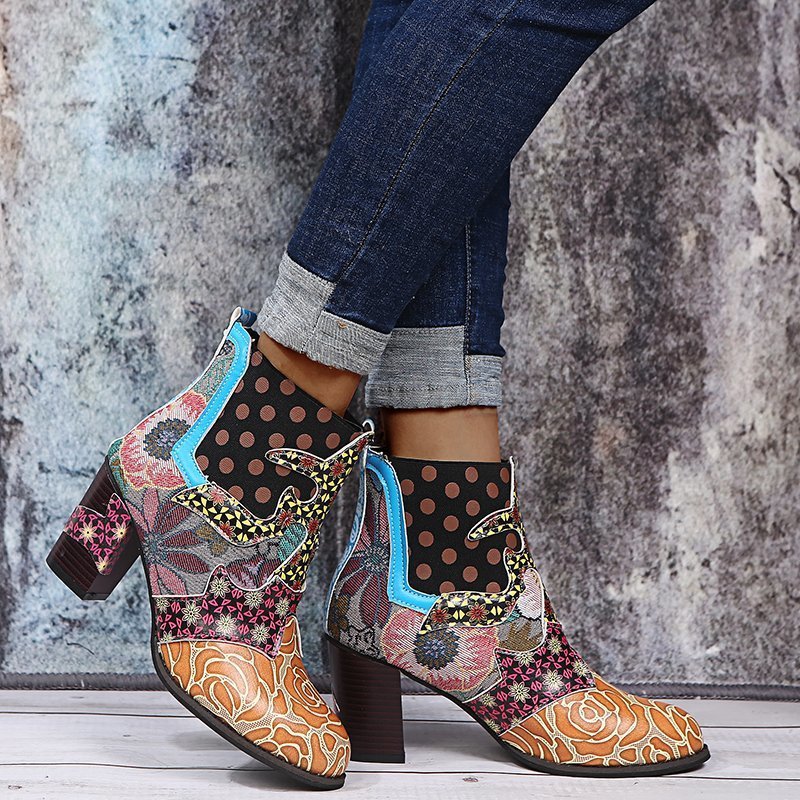 Print Ankle Boots for Women - Chunky Mid Heel Side Zipper Shoes