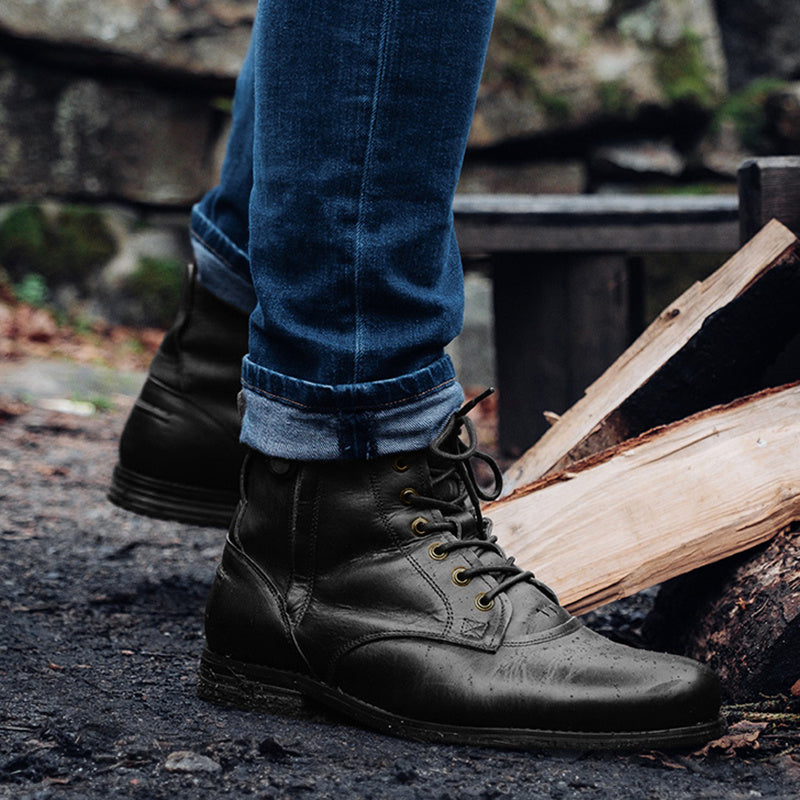 Men Cowboy Boots Retro Lace-up Martin Boot Round Toe Low Heel