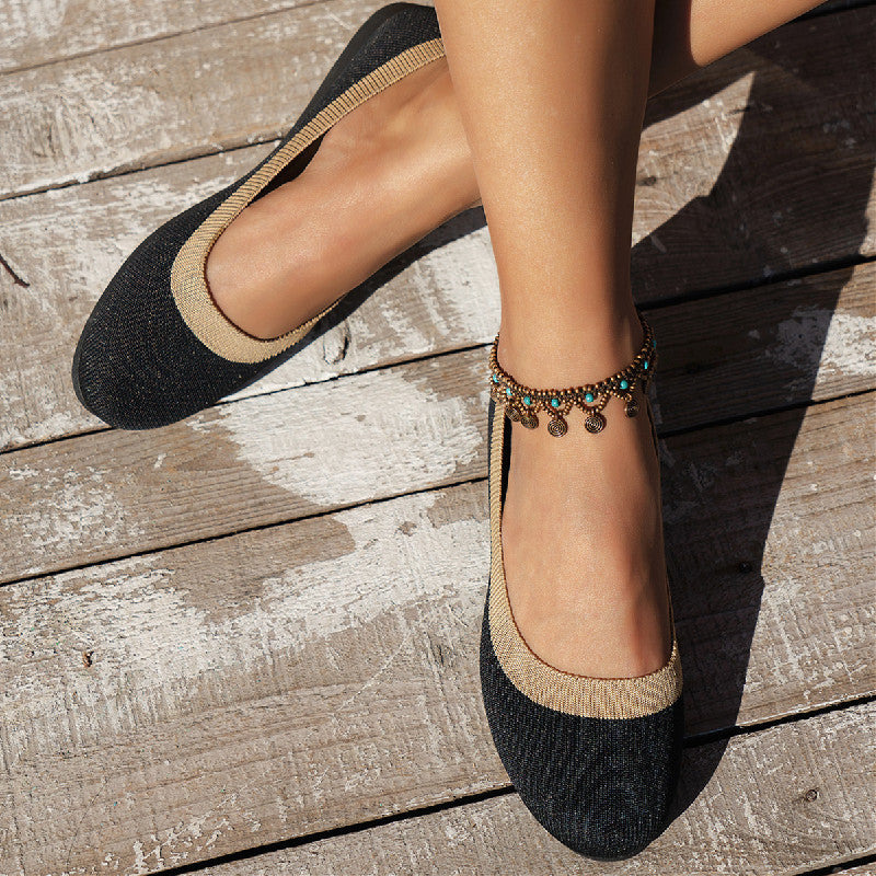 Knit Slip-on Work Shoes: Breathable Low-cut Pumps Flat Round Toe Flying Woven Design