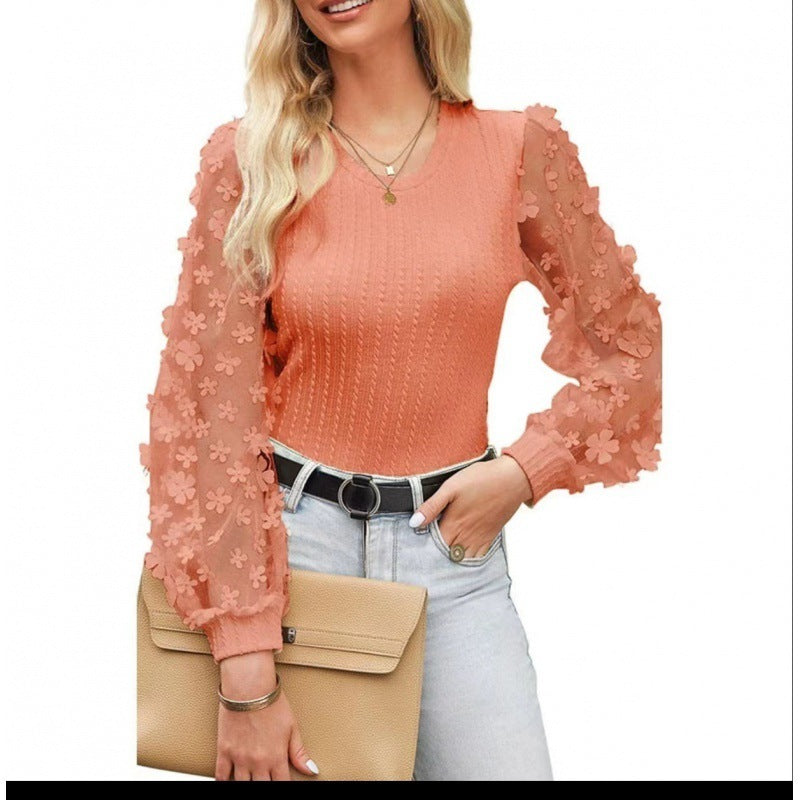 Women's Chiffon Summer Top with Mesh Small Flower Design, Round Neck Long Sleeve