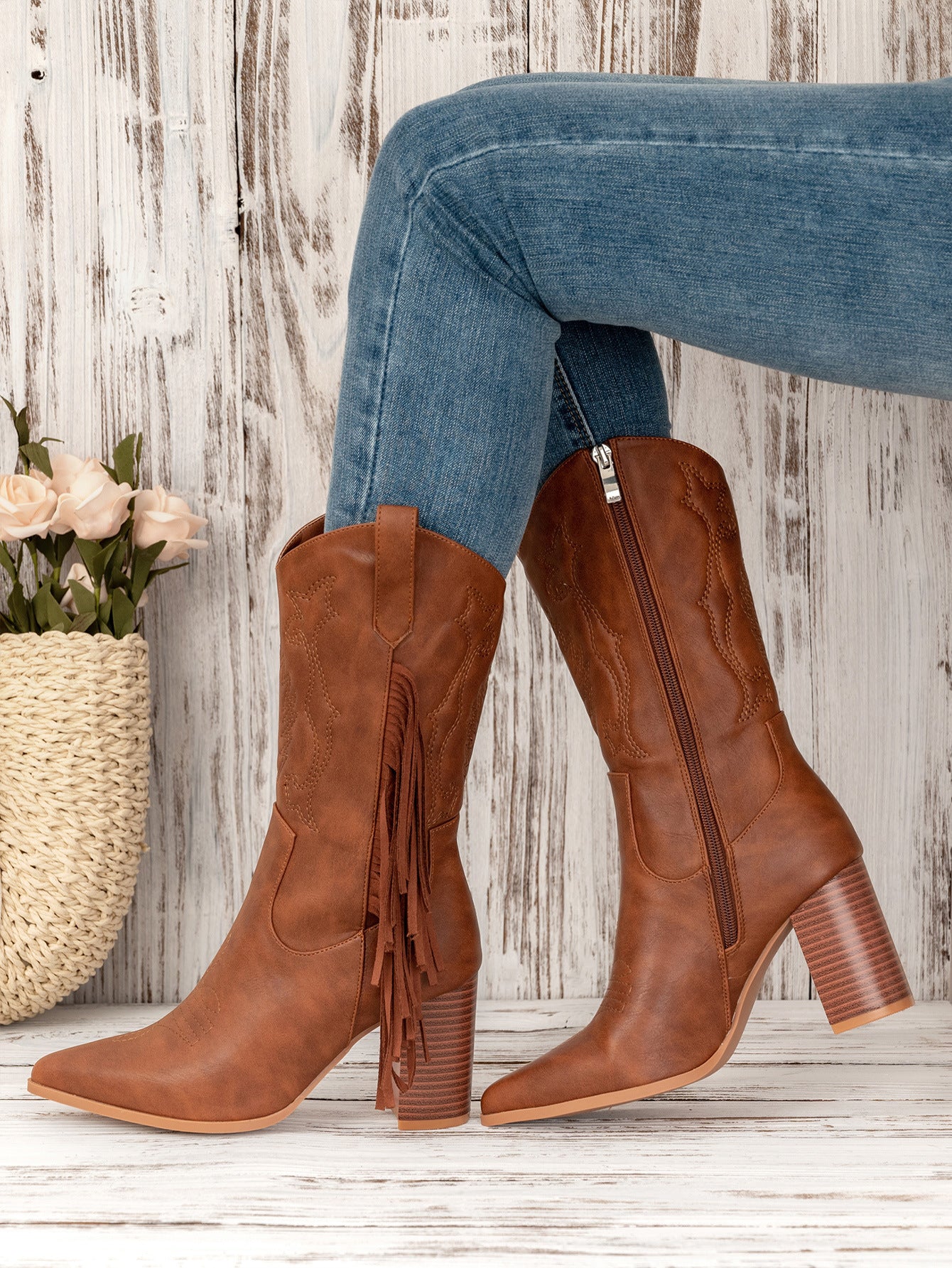Embroidered Cowboy Boot with Tassels - White Western Style