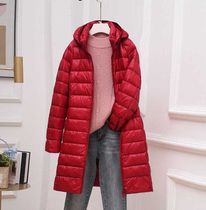 Down Jacket Women's Lightweight Down Jacket Mid-Length Hooded Warm with Detachable Hat