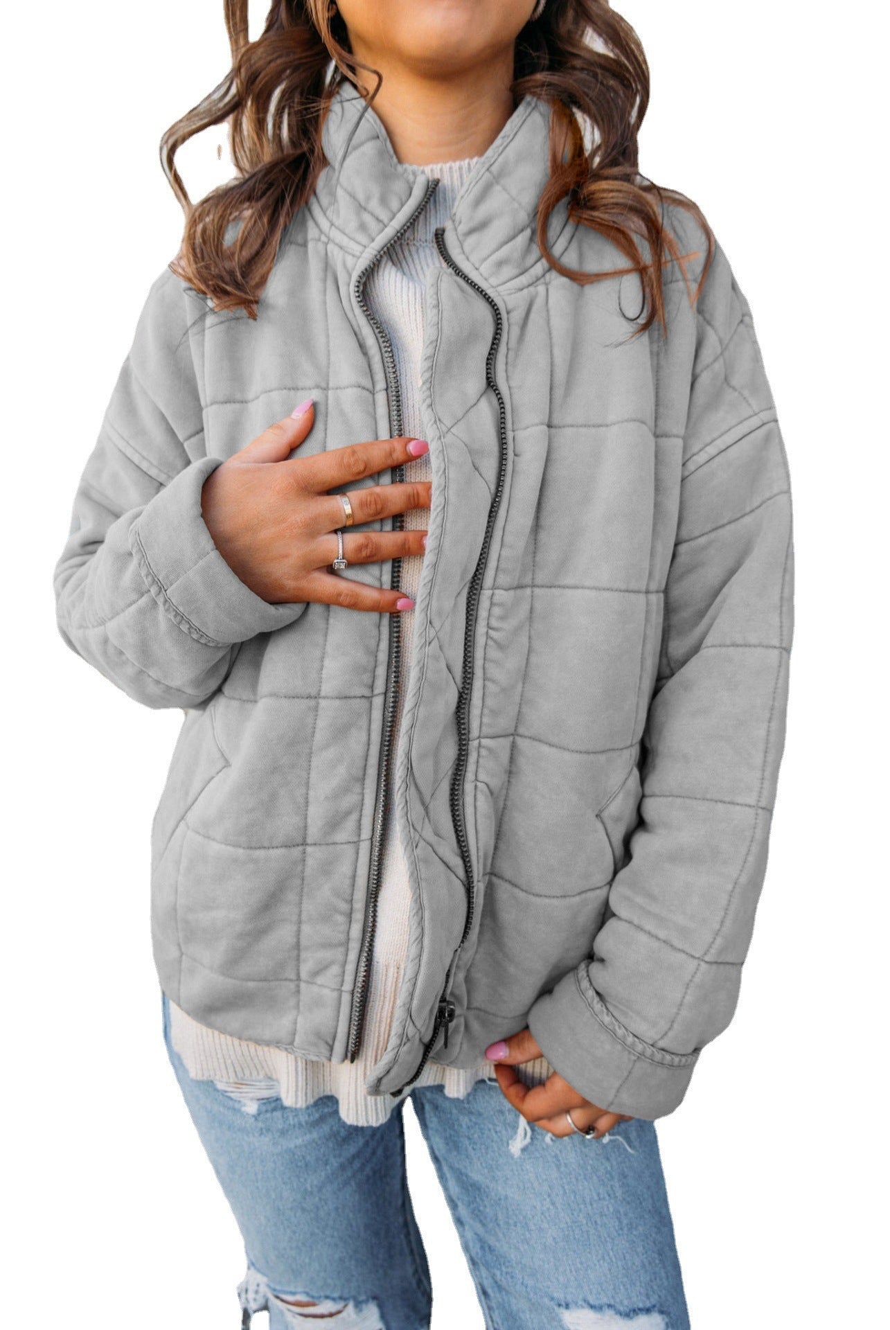 Stand Collar Cotton Jacket - Loose Long Sleeve Coat