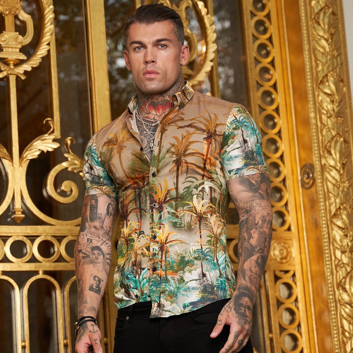 Men's Summer Slim Fit Shirt - Fashion Stretch 3D Printing Lapel Short Sleeves