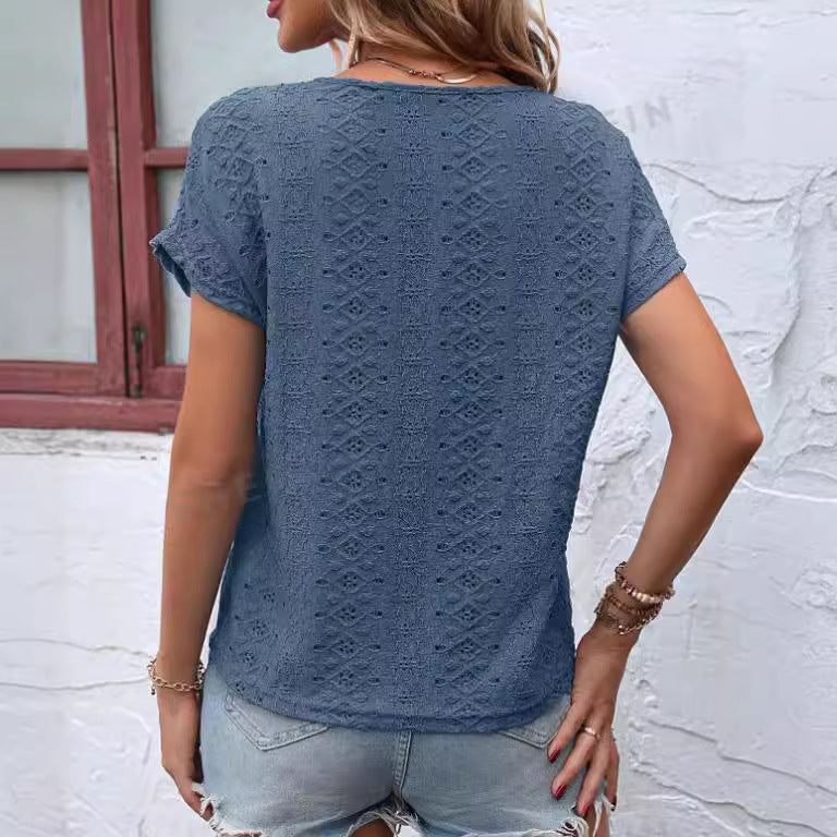 Women's V-neck Casual T-shirt - Hollow Out K Short Sleeve Slim Top for Stylish Comfort