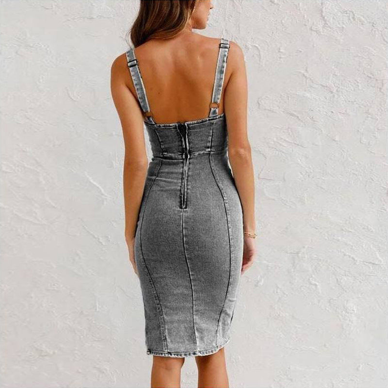 U-neck Denim Dress - New Suspender Summer Casual Slim Fit Dress with Slit Design for Women
