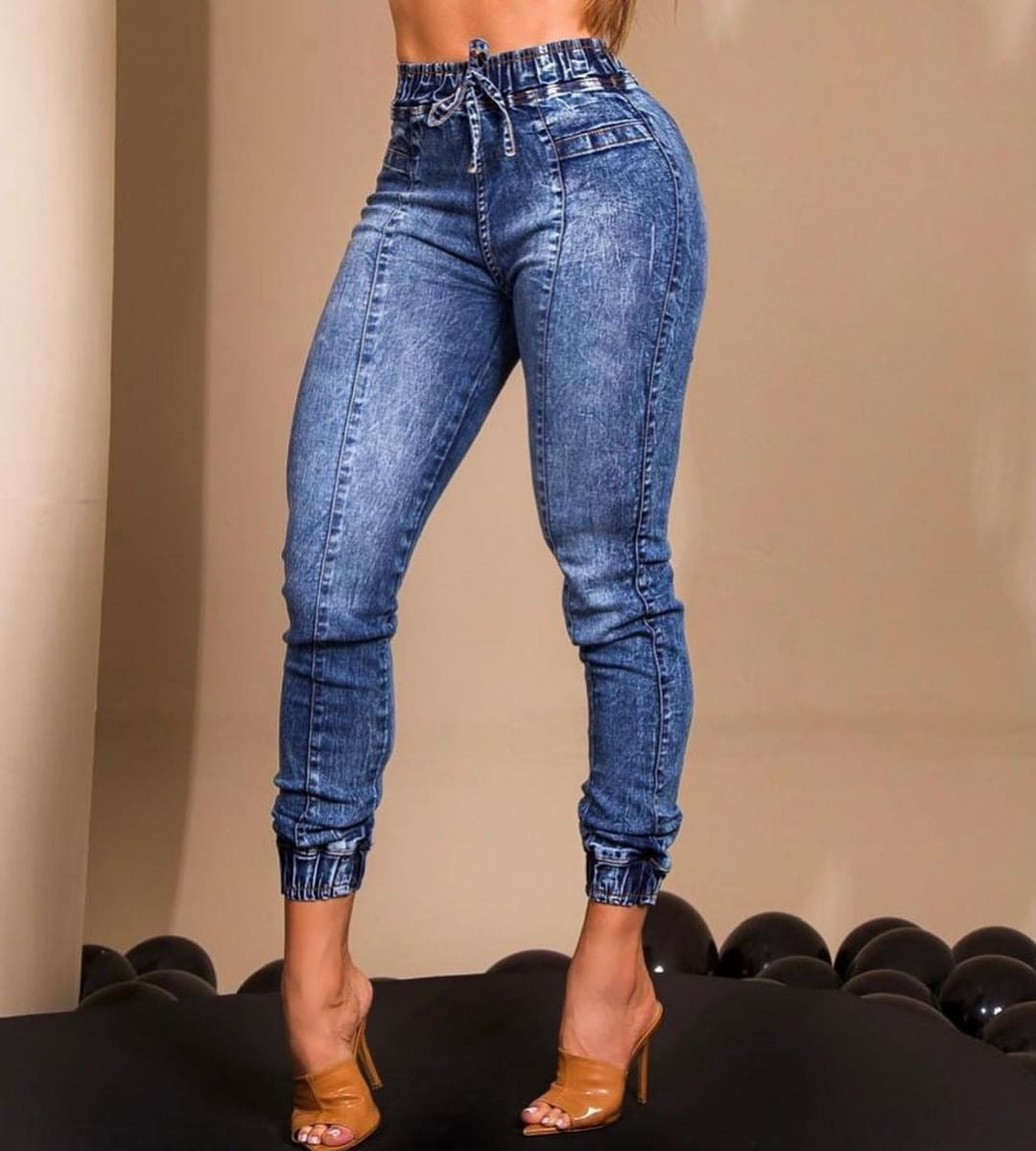 Women's Slim Fit Jeans with Elastic Waist and Lace Up Design
