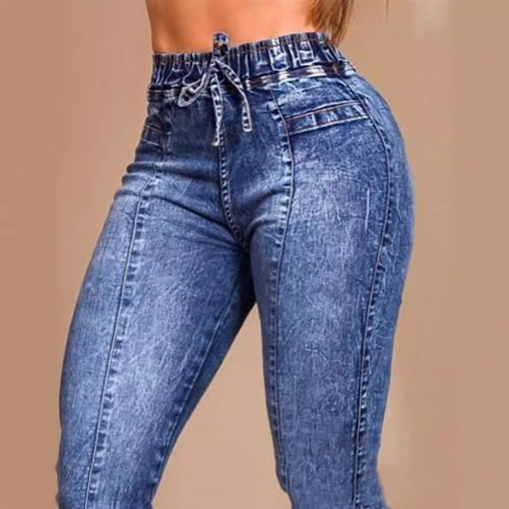 Women's Slim Fit Jeans with Elastic Waist and Lace Up Design