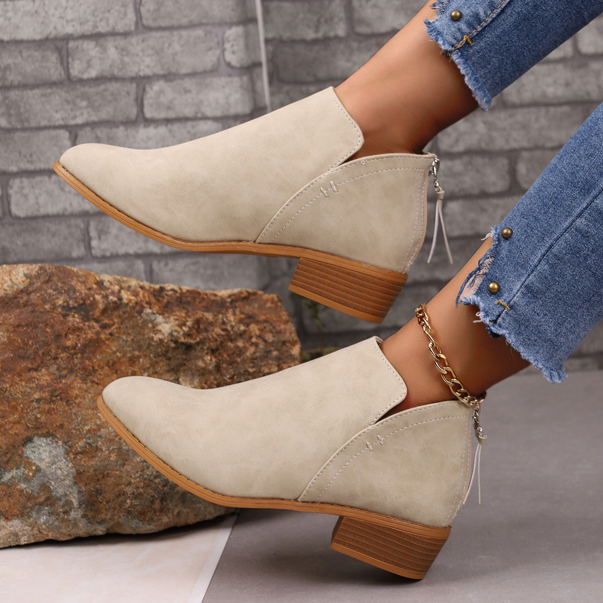 Chunky Heel Ankle Boots with V-Cut Design for Women - Fashionable Fall Winter Short Boots