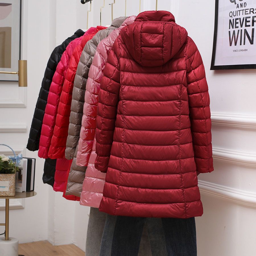 Down Jacket Women's Lightweight Down Jacket Mid-Length Hooded Warm with Detachable Hat