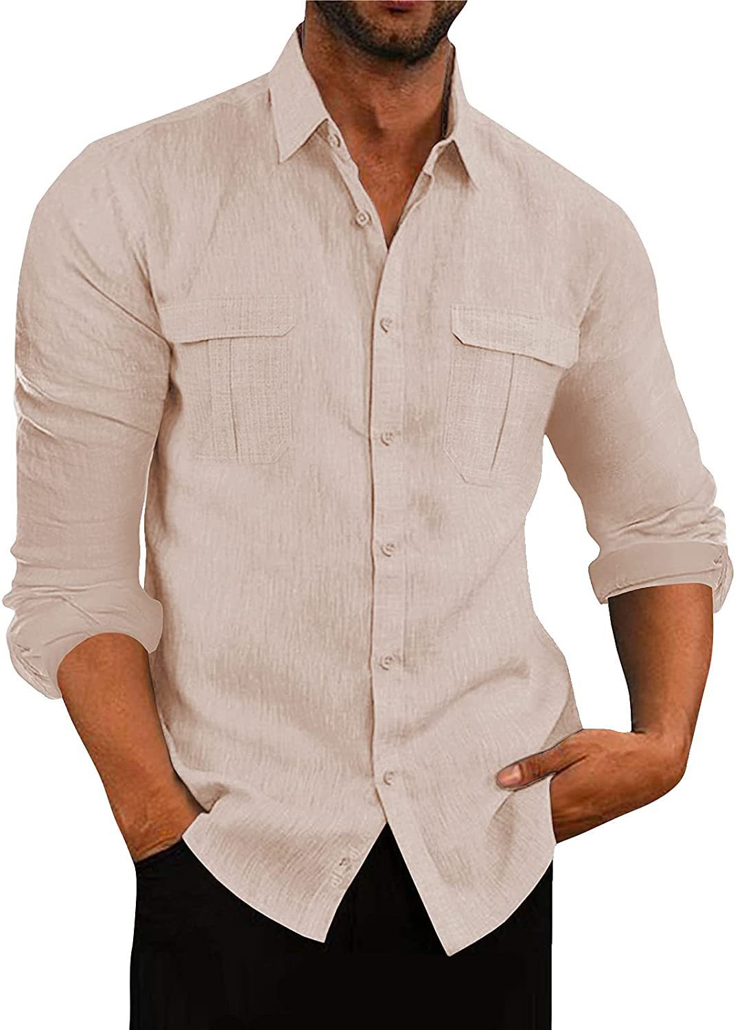 Men's Cotton Linen Shirt with Double Pockets for Casual Wear