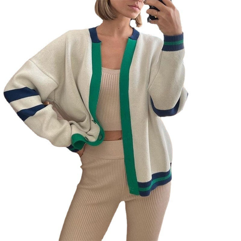 Fashion Color Contrast Striped Knitted Sweater - Minimalist Loose Fit Design