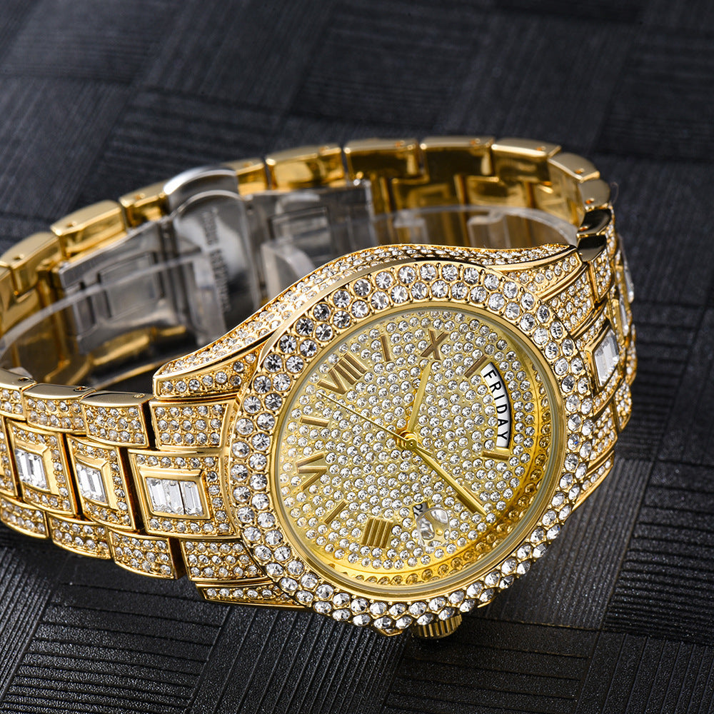 High-end Double Calendar Watch - Outside The Watch Fashionable Business Full Diamond Quartz