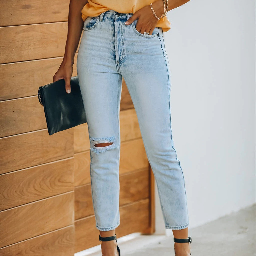 Women's Ripped Denim Pants - Retro Ankle-length Casual Style