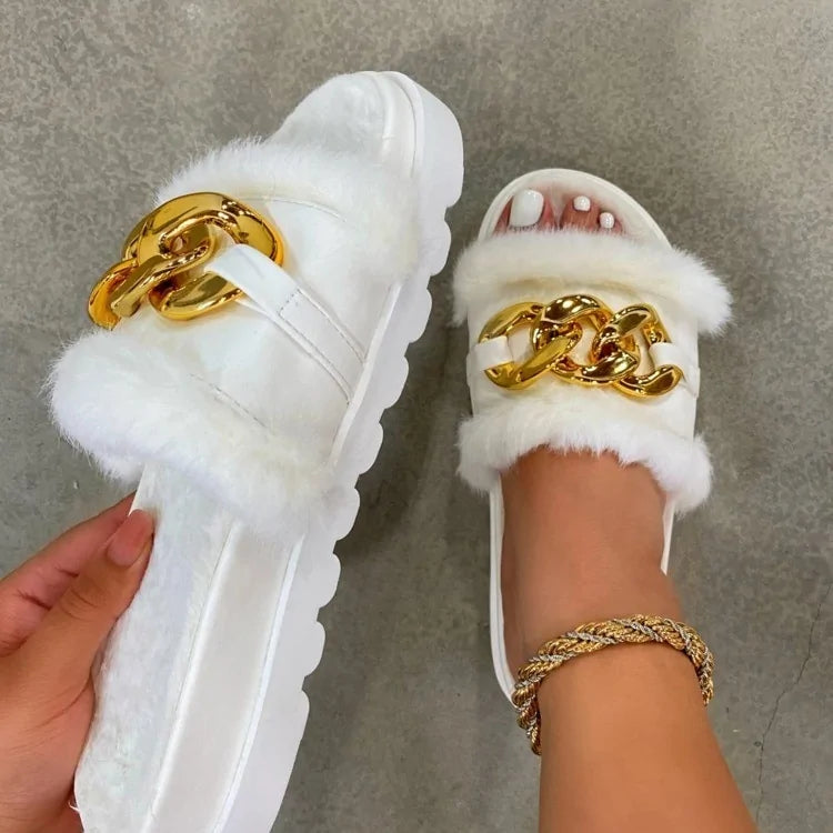 Summer Women's Sandals with Plush Open Toe and Metal Chain Design
