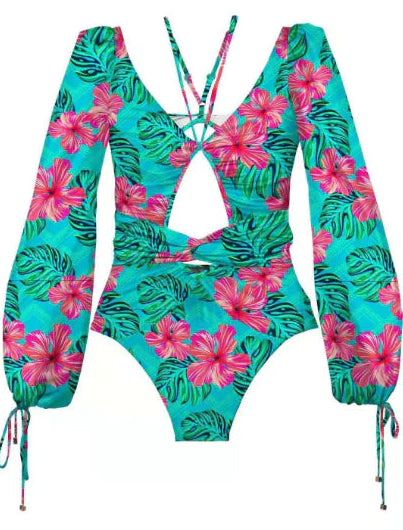 Vintage One Piece Swimsuit Long Sleeve Women's Plus Size Bathing Suit Monokini Summer Print Bandage - Store 48