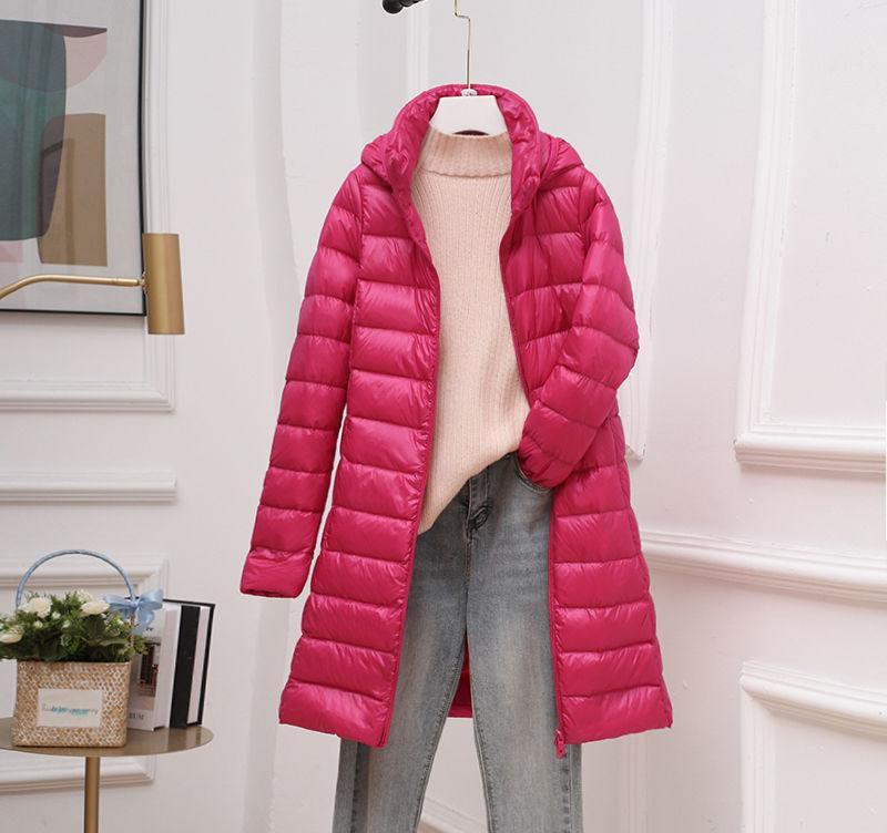 Down Jacket Women's Lightweight Down Jacket Mid-Length Hooded Warm with Detachable Hat