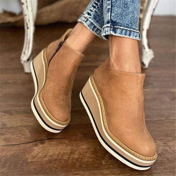 Wedge Ankle Boots - Thin Short Side Zipper Mid Heel Leather Surface