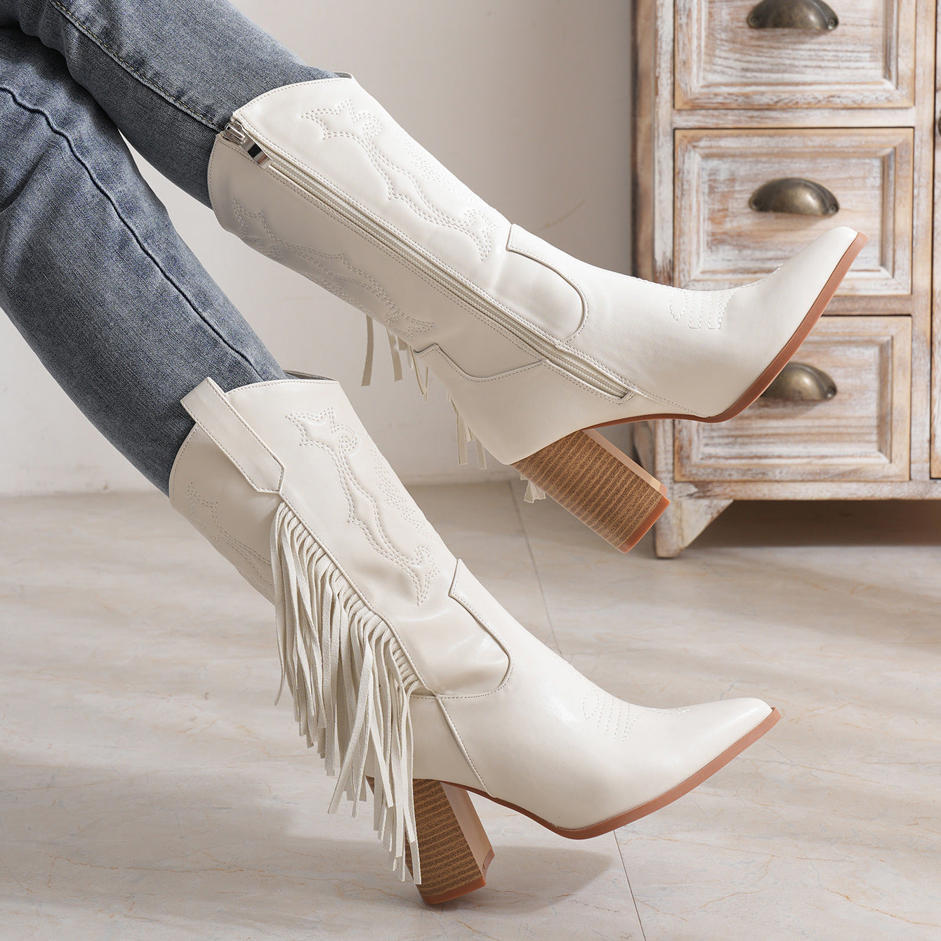 Embroidered Cowboy Boot with Tassels - White Western Style