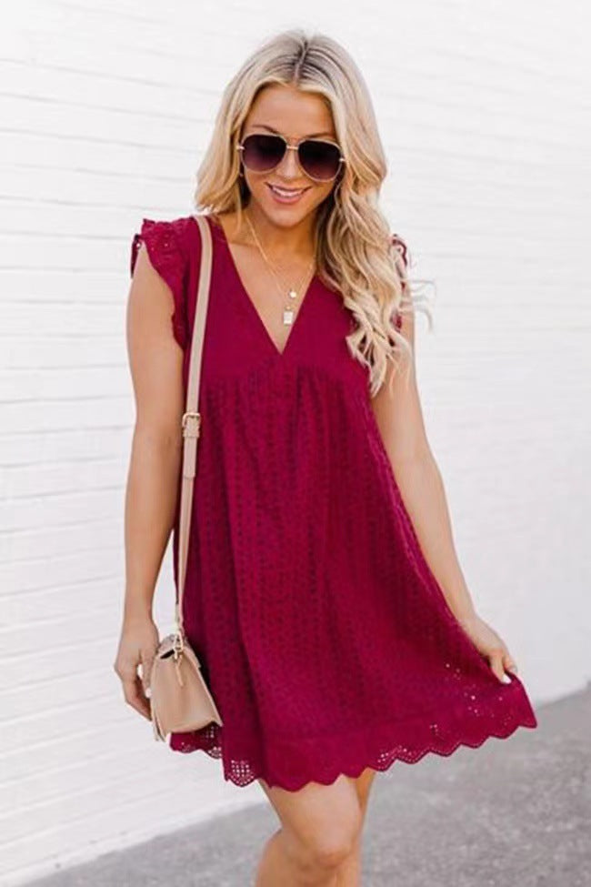 Lace Summer Beach Dress with Pockets - Sleeveless Jacquard Cutout V-Neck