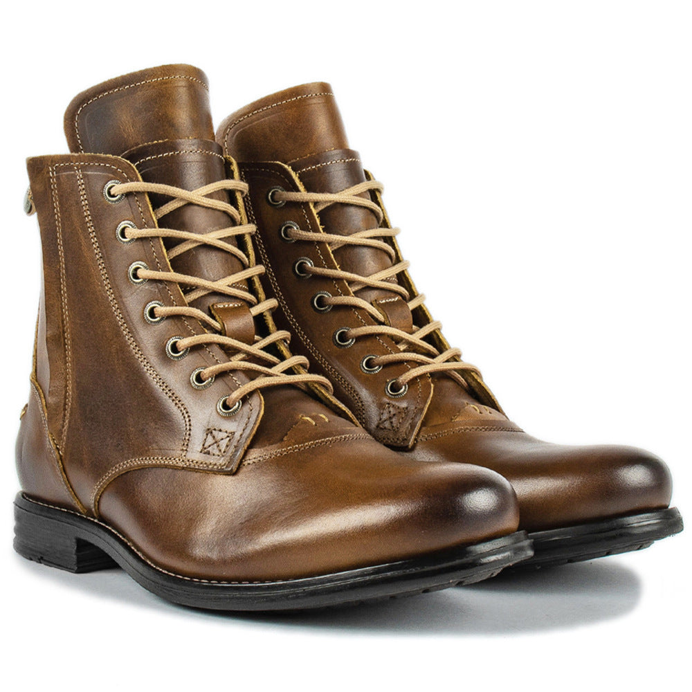 Men Cowboy Boots Retro Lace-up Martin Boot Round Toe Low Heel