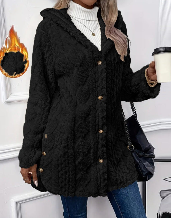Hooded Button Cardigan Long Sleeve Solid Colour Coat